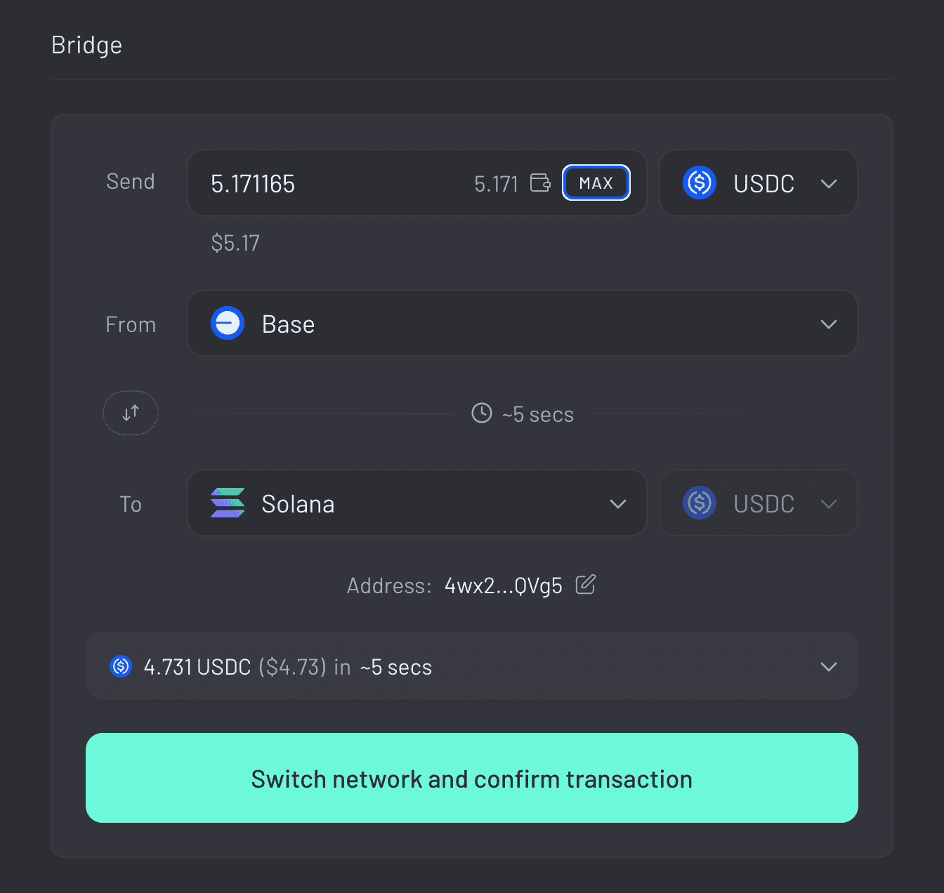 Solana Bridge SEO Blog Post (SS 6) Enter the amount of USDC you want to bridge to Solana.